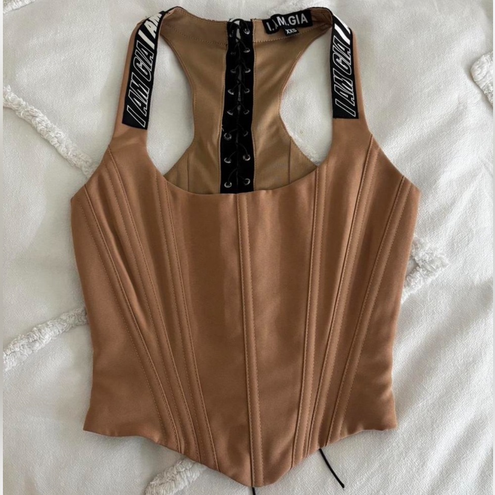 I.AM.GIA Camel Bodysuit with Black Straps